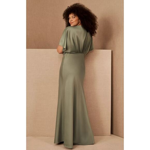 Anthropologie BHLDN Leila Deep-V Flutter-Sleeve Satin A-Line Gown 18W Moss - Picture 3 of 4